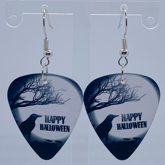 Guitar Pick Custom Earrings Happy Halloween Crows - Picture 1 of 5